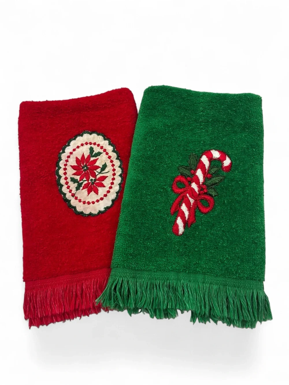 2 Vintage Fieldcrest Holiday Hand Towels Red Green Fringe Applique Made In USA